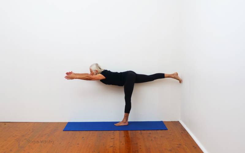 Online Iyengar yoga video thumbnail: Standing poses with wall support for general level students