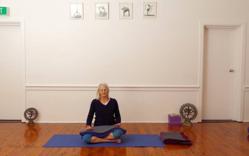 Online Iyengar yoga video thumbnail: Restorative Session with Guided Seated Meditation (Level 3)