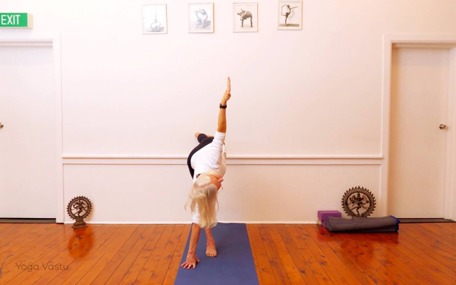 Online Iyengar yoga videos | Twisting in Standing Poses with Wall Support (Level 3)