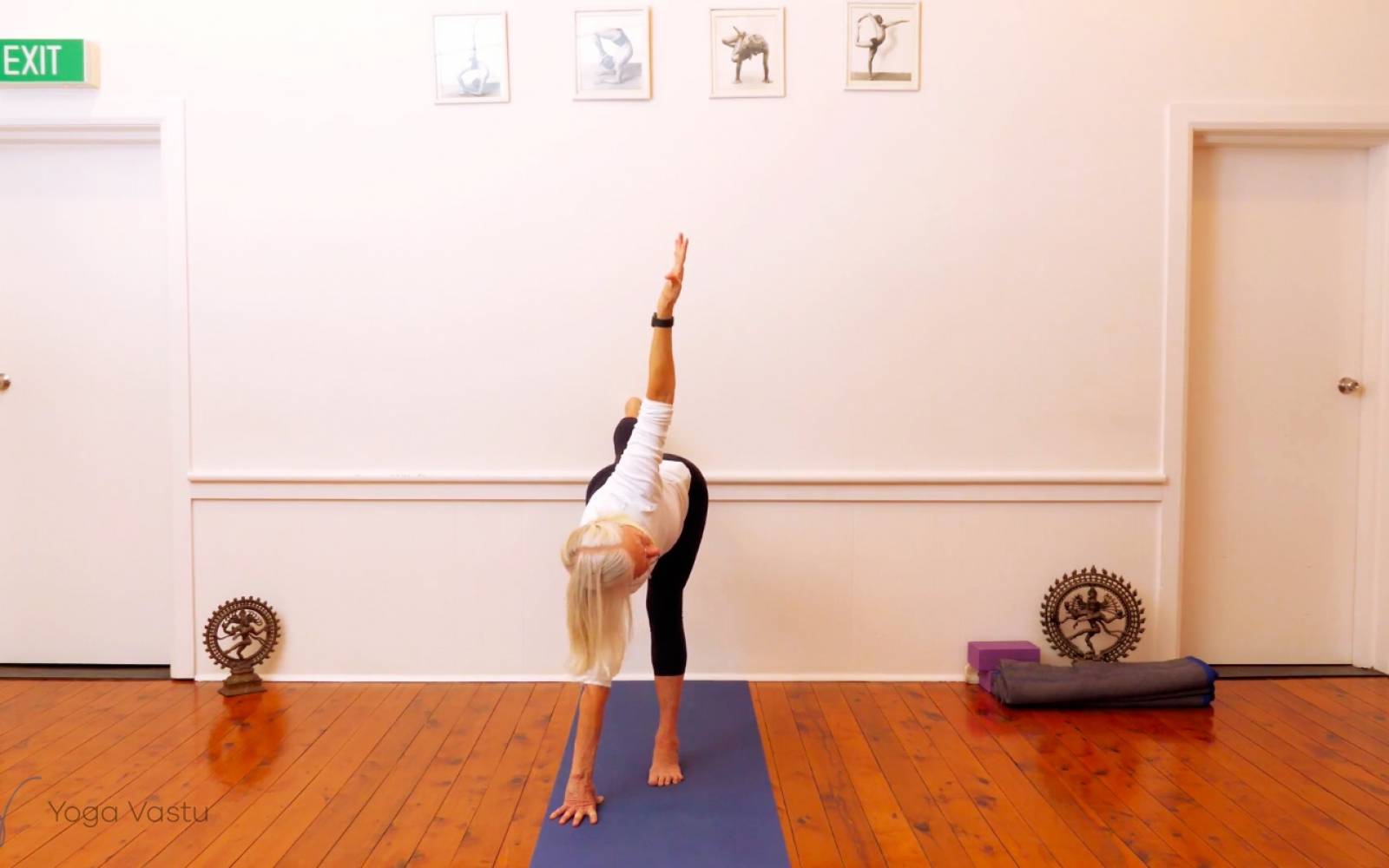 Online Iyengar yoga videos | Twisting in Standing Poses with Wall Support (Level 3)