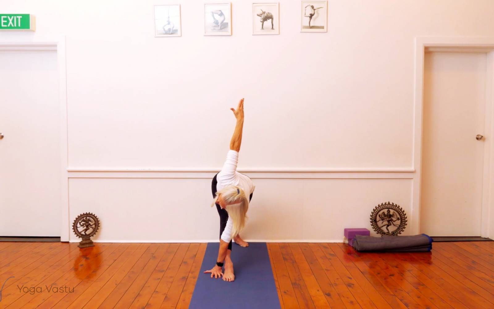 Online Iyengar yoga videos | Twisting in Standing Poses with Wall Support (Level 3)