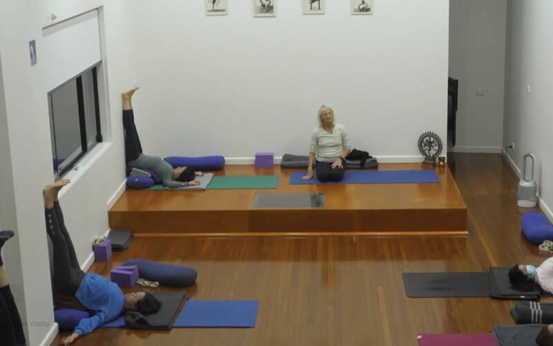 Online Iyengar yoga video thumbnail: Restorative Class with a Lower Back Focus