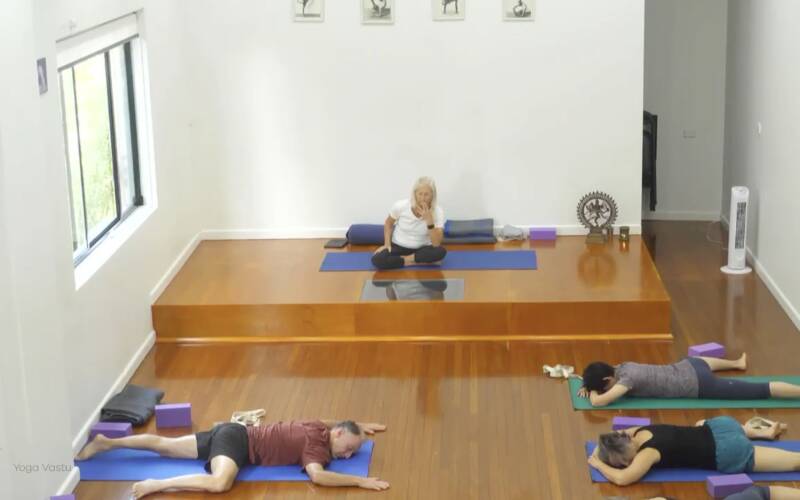 Online Iyengar yoga video thumbnail: Advanced Restorative Practice with Pranayama Focus