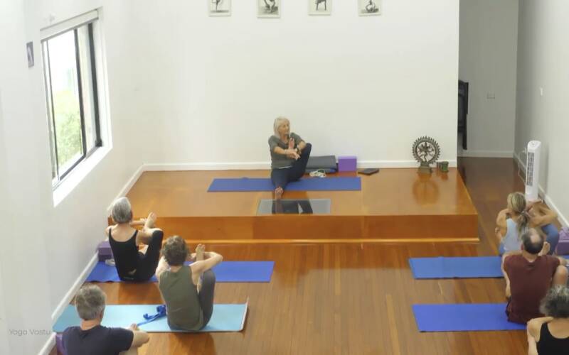 Online Iyengar yoga video thumbnail: Evening Out the Hips with Advanced Leg Work